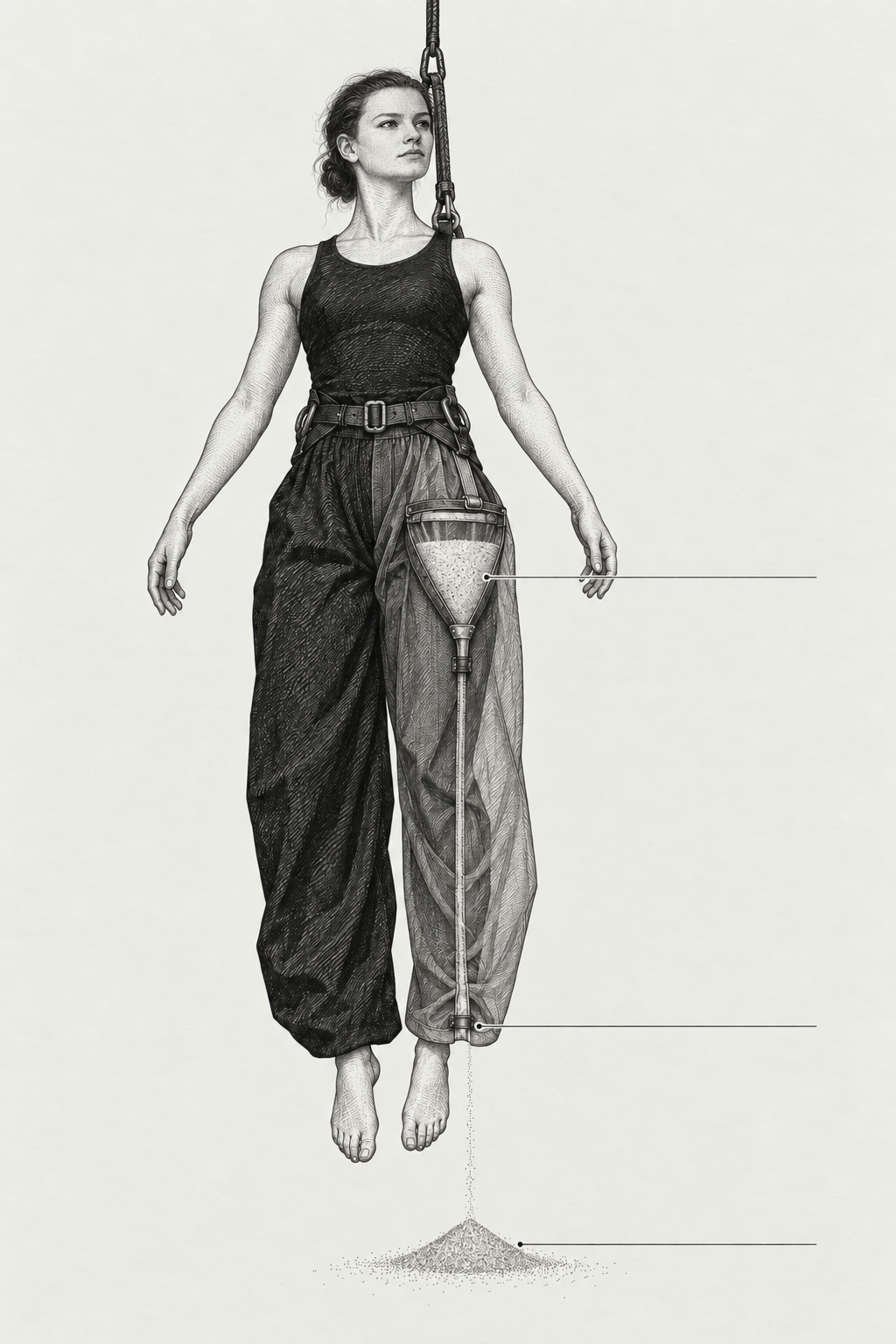 Engraving-style costume concept: a suspended dancer with one trouser panel shown in section to reveal a sand reservoir and outlet.